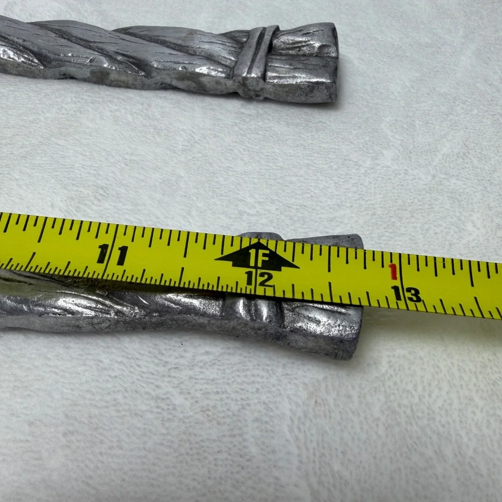 VTG Cast Metal Leaf Salad Serving Set Silver Tone Rustic Botanical Twig Handle